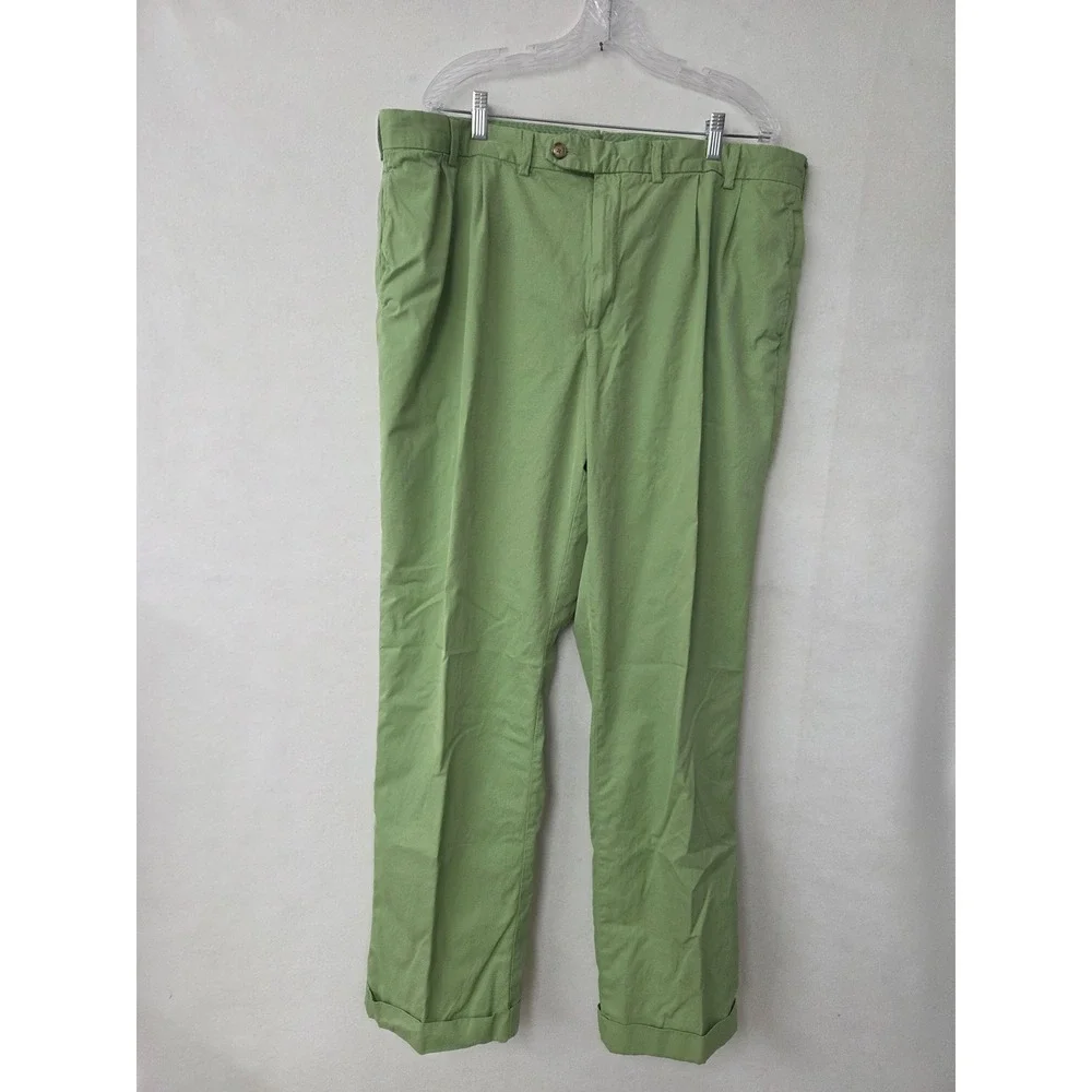 Lands End Mens Green Pleated Chino Pants 42 x 34 Cuffed Cotton Trousers 190311